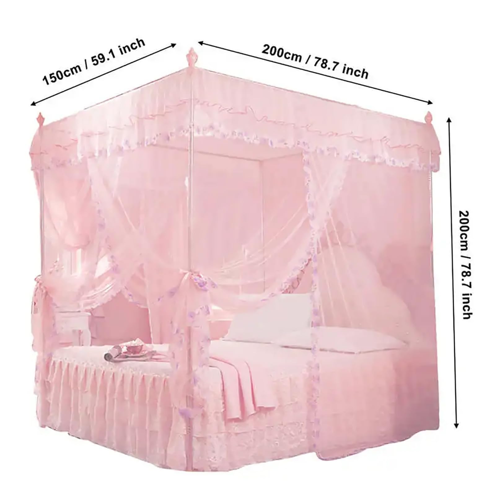 Luxury Mosquito Canopy Net for Bed - 4 Corner Post Bed Canopy with 3 Side Openings, Pink 1.8M x 2.2M - Perfect for Bedroom, Nursery & Outdoor Camping Protection