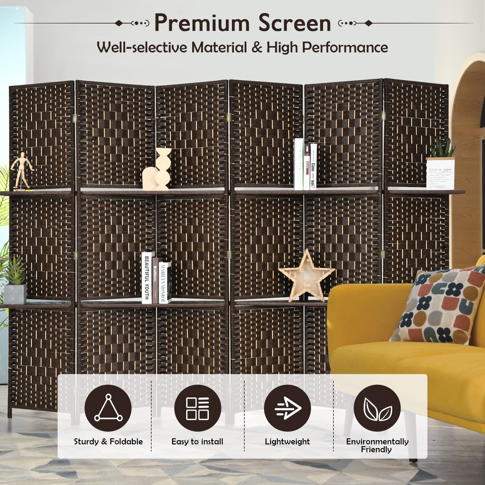Giantex 6Ft 6-Panel Room Divider with Shelves - Hand-Woven Rattan Freestanding Folding Privacy Screen for Home, Office & Studio - Wooden Partition Wall for Room Separation | Perfect for Creating Private Spaces, Home Decor & Workspace Organization