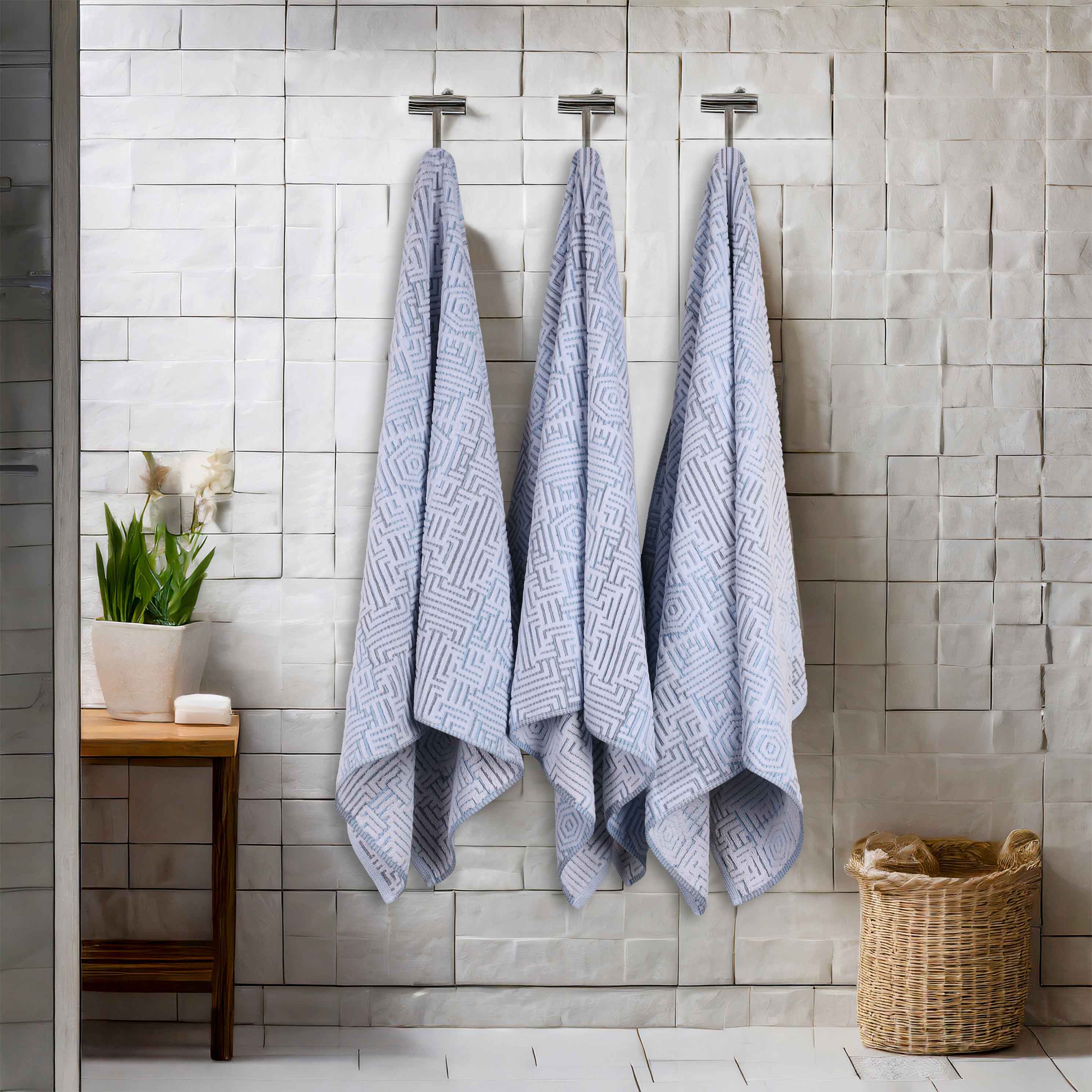 Premium Cotton Modern Geometric Jacquard Plush Bath Towel Set of 3 - Ultra Absorbent & Quick Dry - Luxury Spa, Bathroom & Beach Towels for Home & Travel