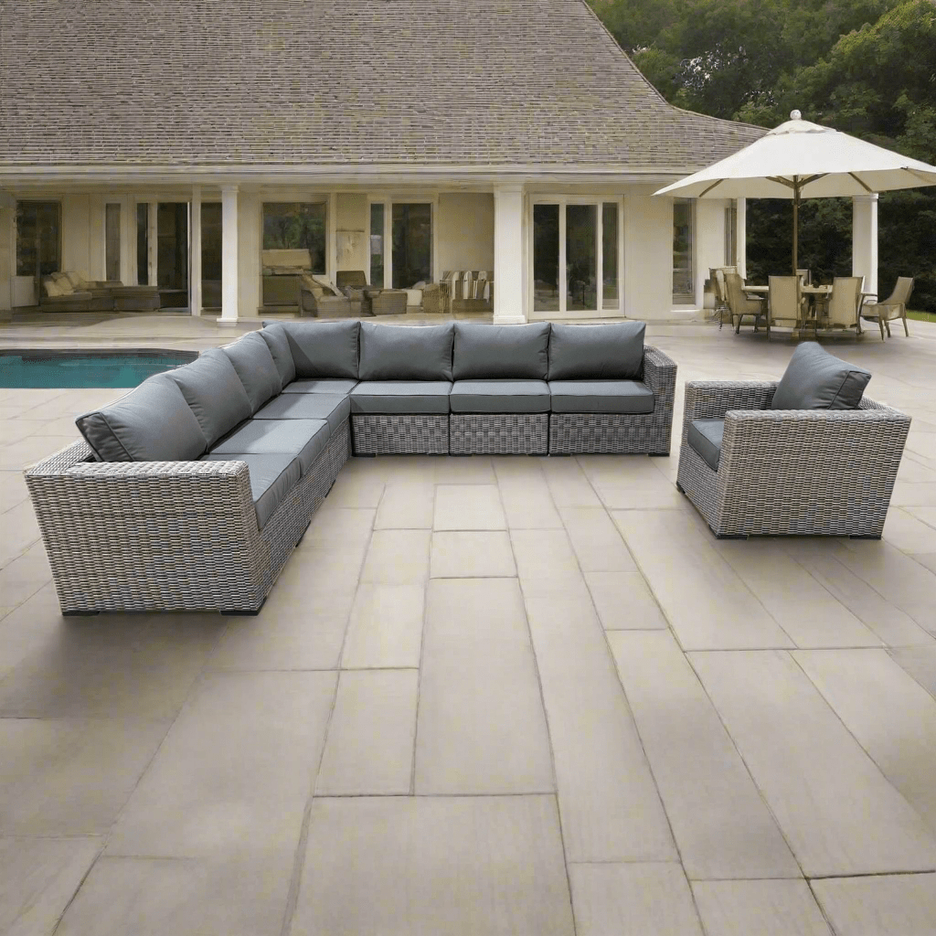 Riviera Outdoor Patio Wicker Large Corner Sectional Sofa and Club Chair Set - Grey Weather-Resistant Furniture with Sunbrella Canvas Charcoal Cushions for Backyard, Poolside & Garden Relaxation