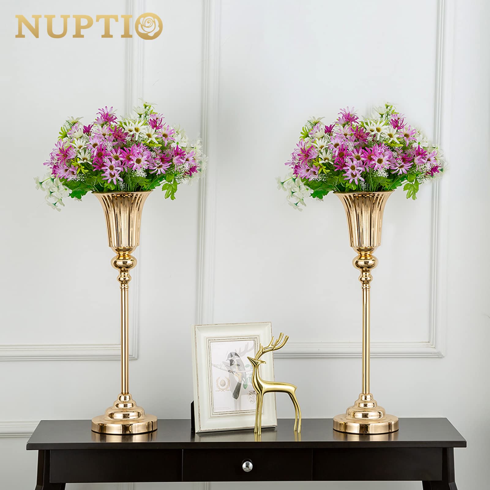 NUPTIO 2-Pack 21.5 Inch Gold Metal Trumpet Vases - Elegant Wedding Centerpieces, Tall Flower Stand for Table Decorations, Party & Event Decor - Perfect for Weddings, Banquets, and Home Décor