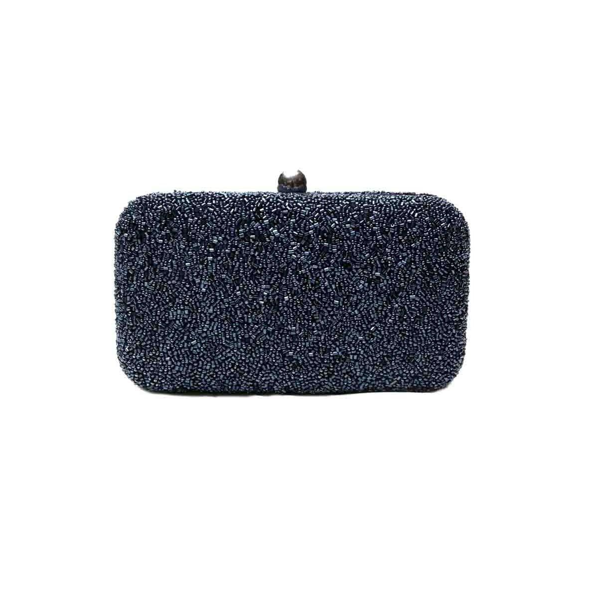 Elegant Blue Beaded Clutch Purse with Round Finial Closure - Perfect for Evening Parties, Weddings & Special Occasions