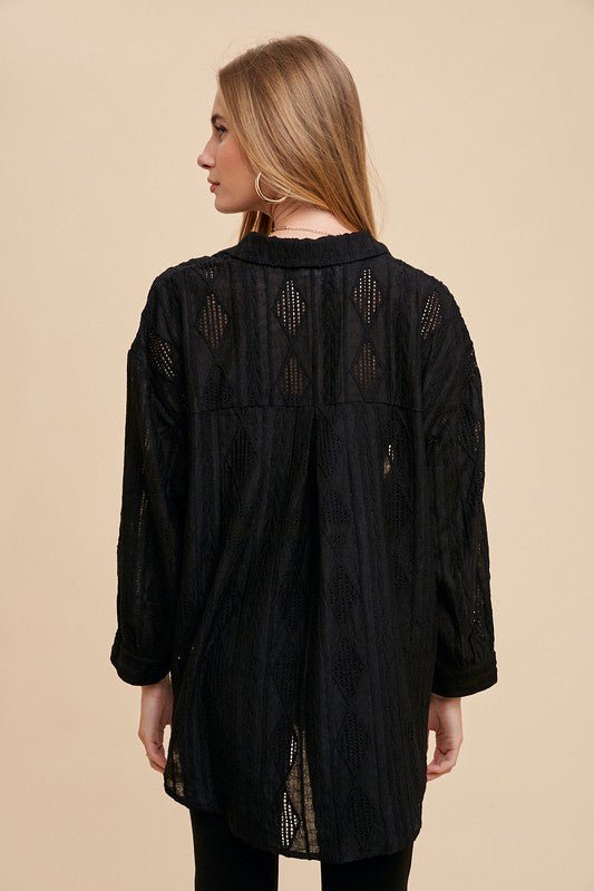 Annie Wear Women's Openwork Button Down Drop Shoulder Blouse - Stylish Lace Detail Casual Shirt for Work, Date Night & Summer Outfits