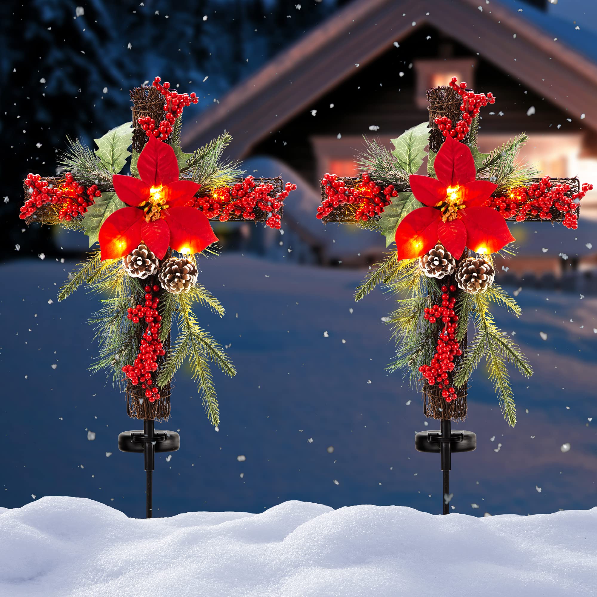 Outdoor Solar Christmas Decorations LED Lights - Waterproof Cross Stake for Garden, Lawn, Yard & Cemetery - Set of 2 with Faux Pine Cones & Foliage - Perfect for Holiday Grave Decorations & Festive Outdoor Lighting