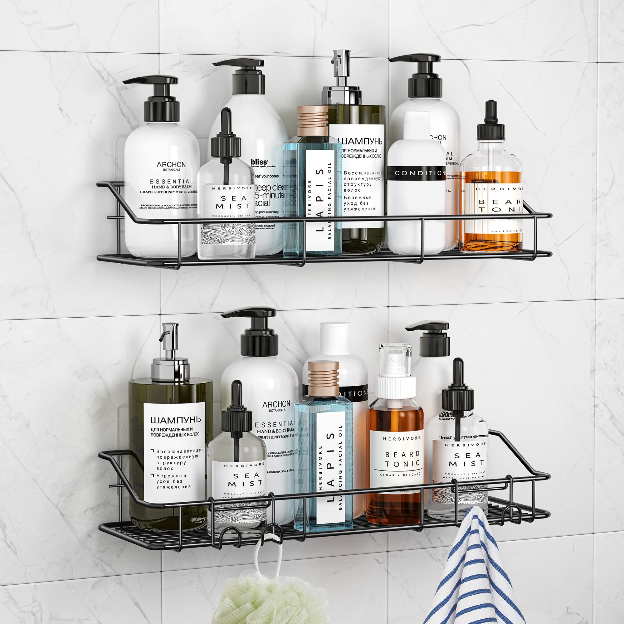 ODesign No-Drill Adhesive Bathroom Shelf & Shower Caddy - 2-Tier Stainless Steel Wall Mount Organizer with Hooks for Razor, Sponge & Kitchen Spices | Rustproof Black Storage for Bathroom, Kitchen & Shower Organization