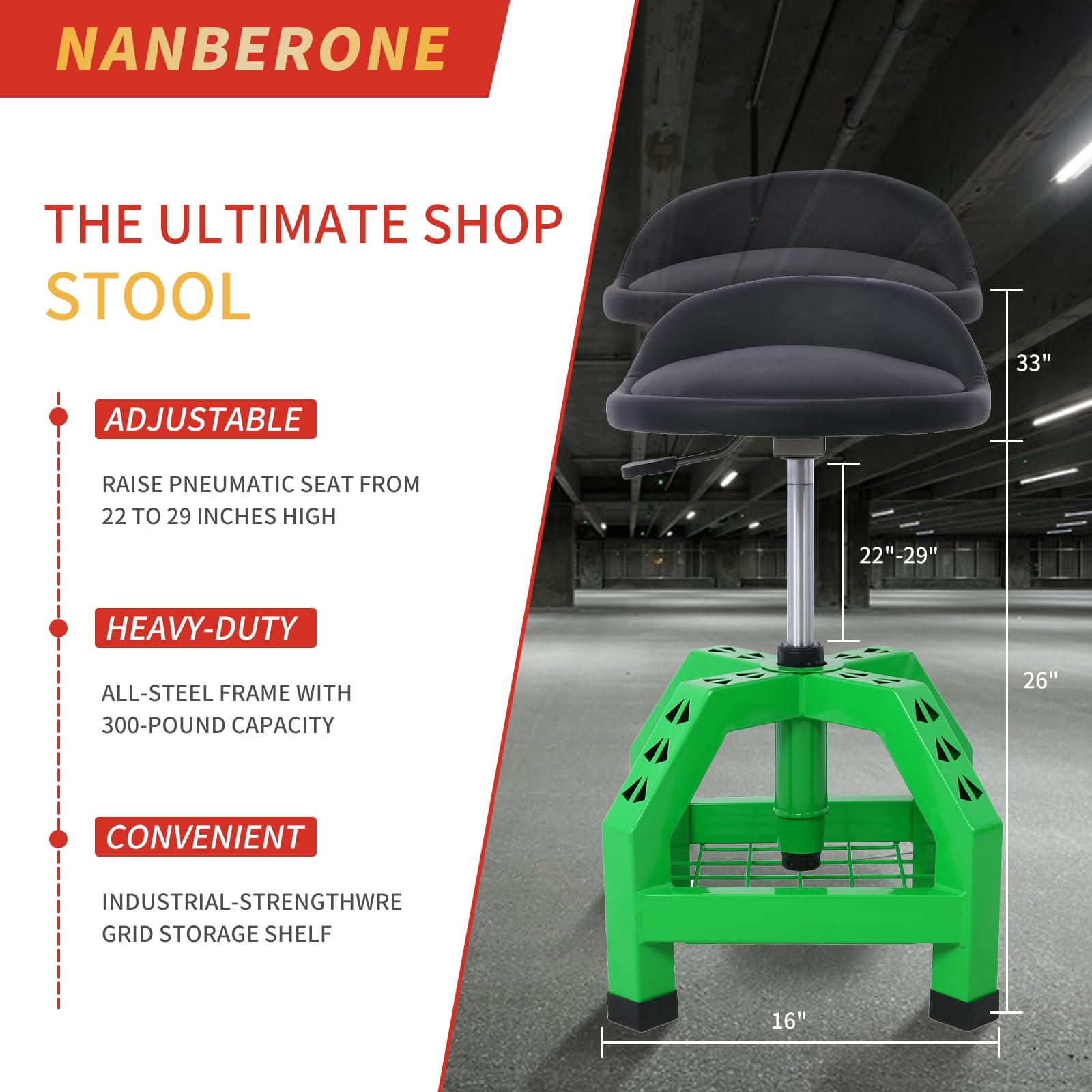 Heavy Duty Green Rolling Shop Stool - 300 Lbs Capacity Adjustable Height Pneumatic Swivel Stool with Tool Storage | Perfect for Workshop, Garage & Industrial Use
