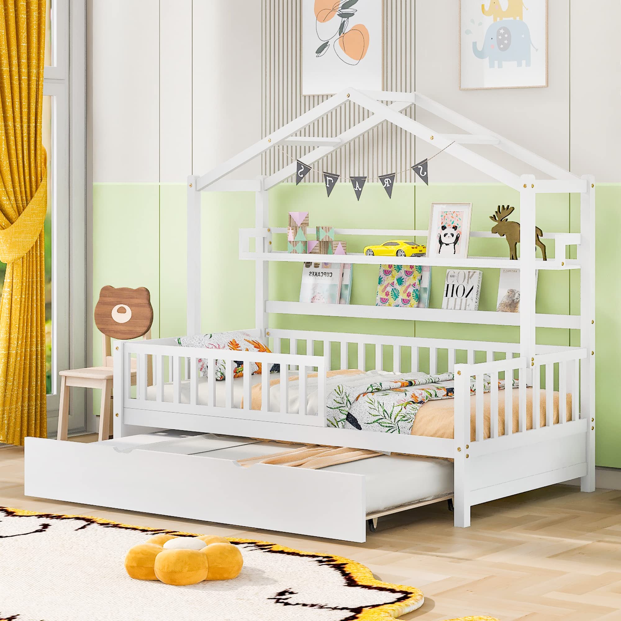 P PURLOVE Twin Size House Bed Frame with Trundle - Montessori Style Kids Bed for Boys & Girls, White - Perfect for Bedrooms, Playrooms & Montessori Learning Spaces