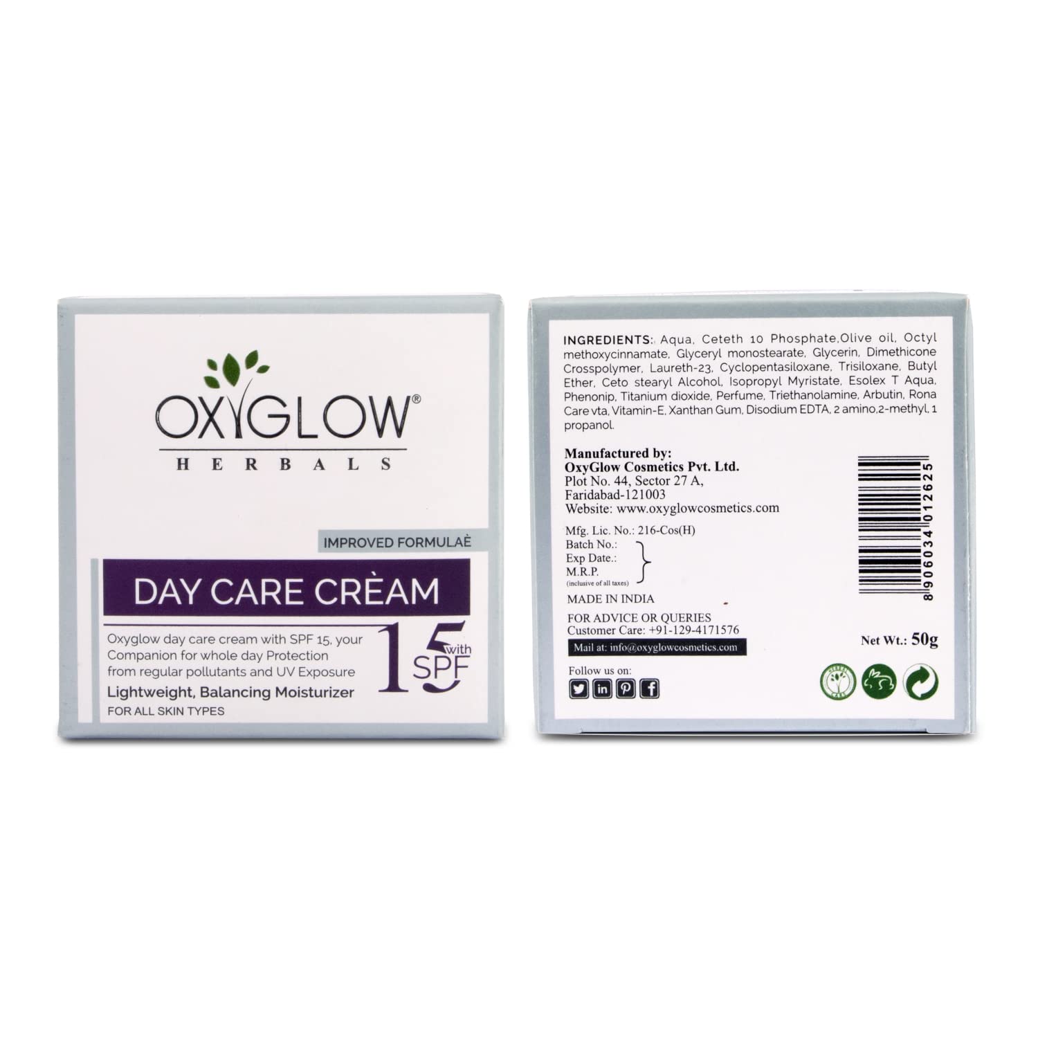 Oxyglow Herbal Face Day Care Cream with SPF 15 - All Skin Types, Sun Protection & Skin Repair | 50g | Pack of 1 | Perfect for Daily Moisturizing & UV Defense