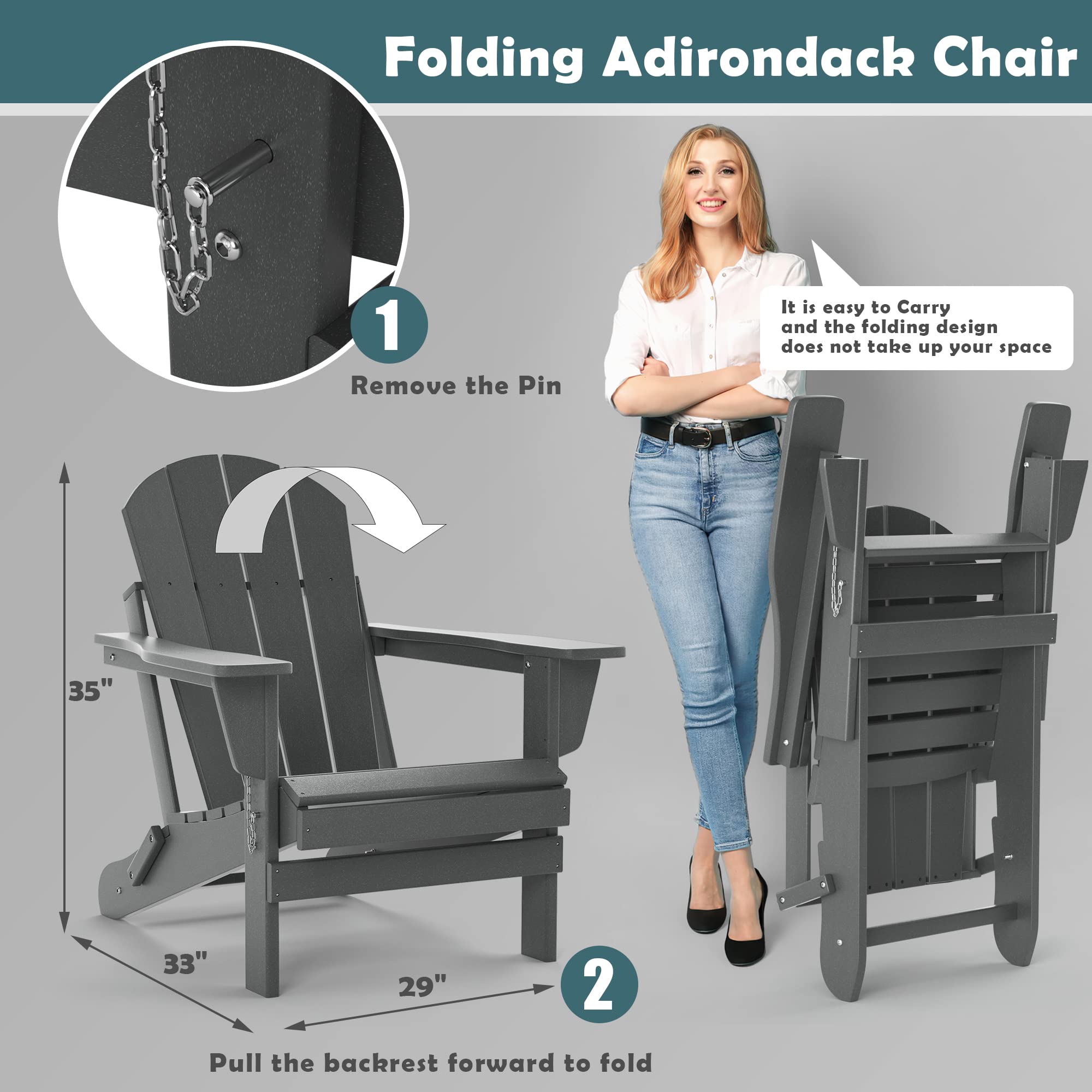 TORVA Folding Adirondack Chair - All-Weather HDPE Resin Outdoor Patio Chair for Backyard, Garden, Deck, Beach & Camping - Fire Pit & BBQ Companion (Gray) - Perfect for Relaxing, Sunbathing & Outdoor Gatherings
