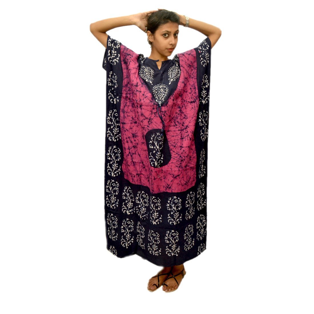 Odishabazaar Women's Cotton Batik Kaftan Maxi Dress - Pink & Black Floral Print Nightgown for Sleepwear, Beach Cover Up, and Boho Summer Outfits