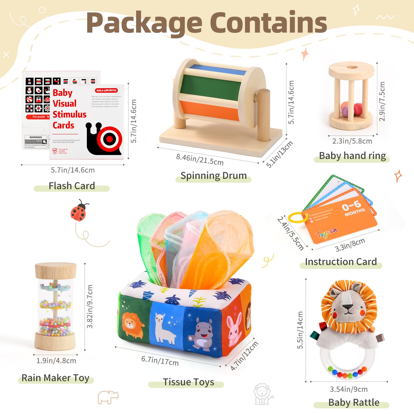 Montessori Wooden Sensory Toys for Babies 0-6 Months - 6-in-1 Educational Learning Set with Spinning Drum, Tissue Box, Rattle & Flashcards - Perfect Baby Shower & Birthday Gift for Boys & Girls - Ideal for Early Childhood Development & Sensory Play