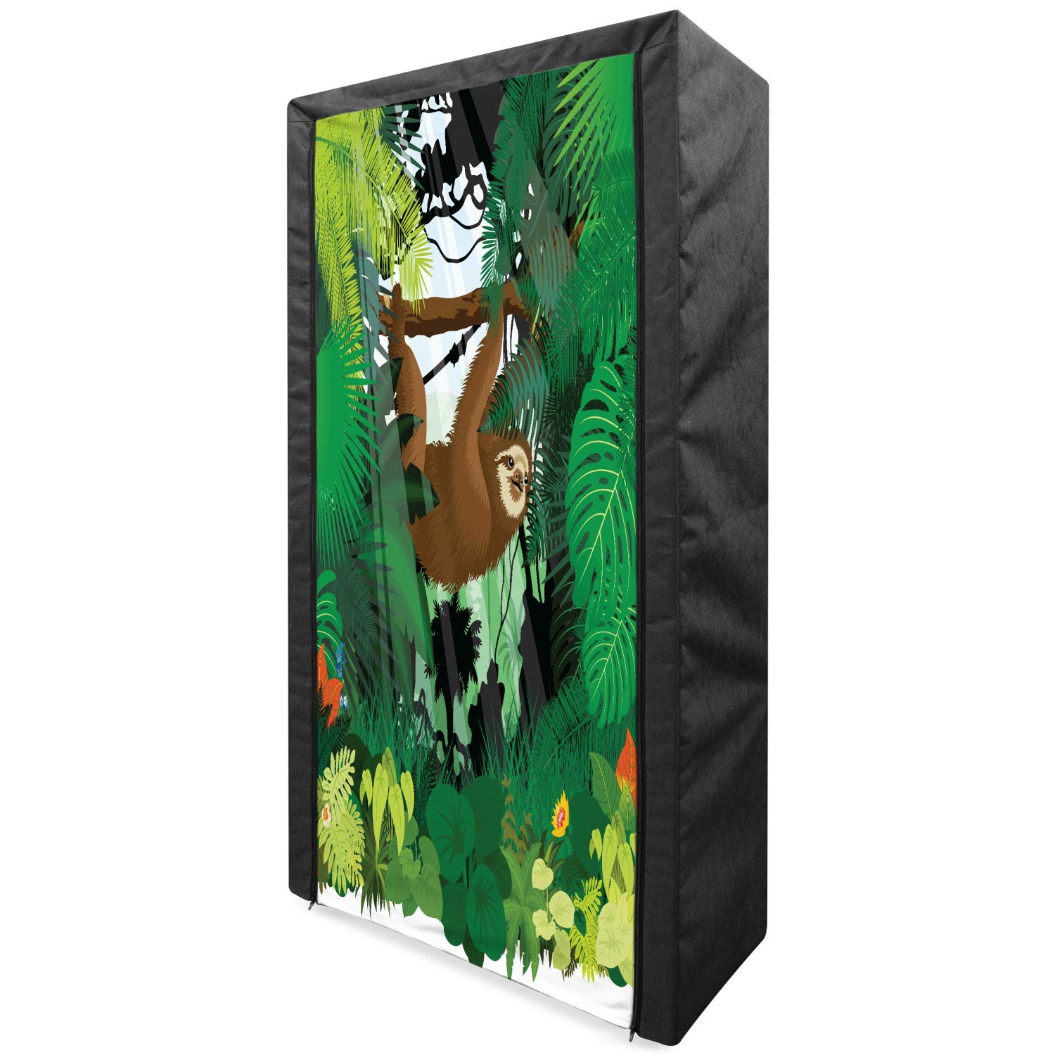 Ambesonne Sloth Portable Fabric Wardrobe - 33.5 Inch Green Brown Clothing Organizer with Shelves | Exotic Rainforest Wildlife Design Featuring Trees, Plants & Animals | Perfect for Bedroom, Dorm, or Closet Storage Solution