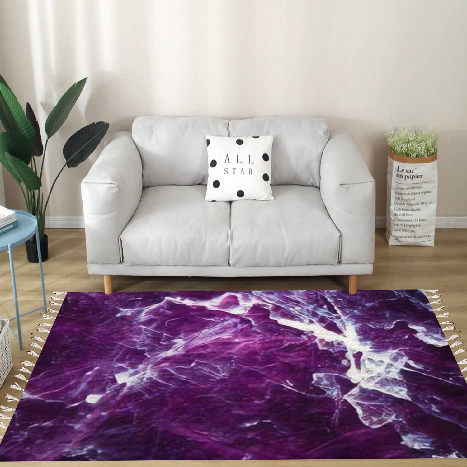 Vintage Cotton Linen Tassel Rug with Lepidolite Gemstone Details - Boho Chic Washable Woven Area Rug for Living Room, Bedroom, Kitchen & Outdoor Decor - Non-Slip Runner Mat Perfect for High Traffic Areas