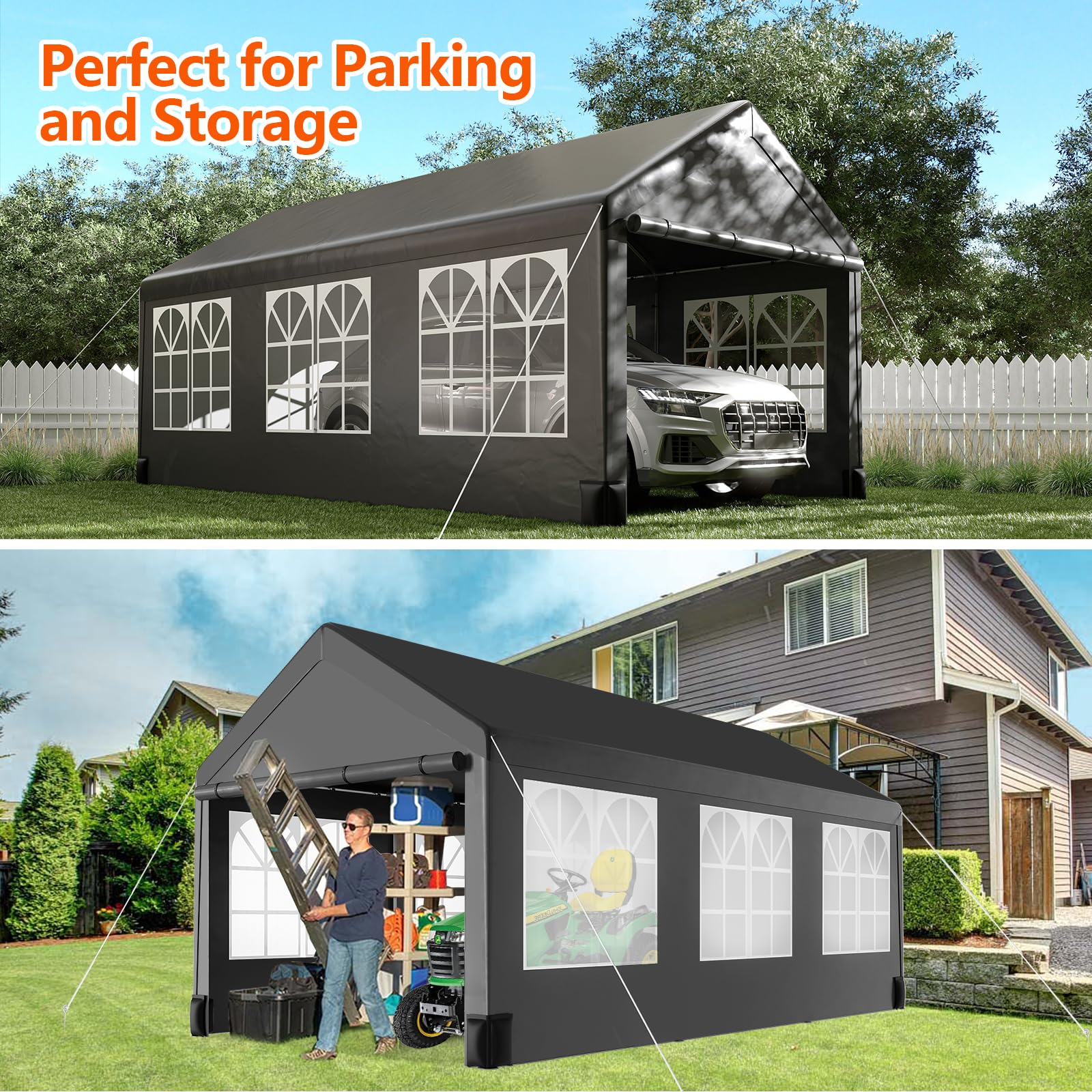 GARVEE 12x20 FT Heavy Duty Portable Carport Canopy - All Season Waterproof Car Tent Garage with 6 Roll-Up Windows, Metal Roof & 4 Sandbags - Perfect for Vehicle Protection, Outdoor Storage, and RV Shelter (Black)
