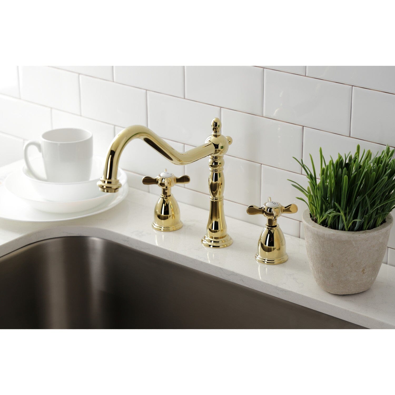 Essex Double Handle 3 Hole Widespread Kitchen Faucet - Brushed Nickel, High Arc Spout, Easy Installation for Modern Farmhouse & Traditional Kitchens