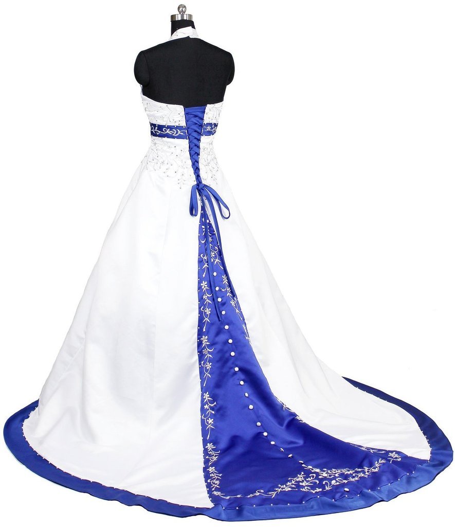 Elegant Women's Halter Neck Embroidered Satin Wedding Dress with Corset Back - Perfect for Bridal, Prom, Evening Gala & Special Occasions