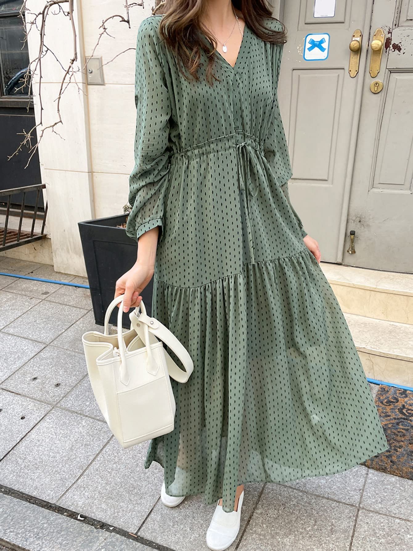 Dalmatian Print Drawstring Waist Bishop Sleeve Maxi Dress - Loose Flowy Bohemian Shift Dress for Women with V-Neck (Green, Medium) | Perfect for Beach Vacations, Summer Parties & Boho Fashion