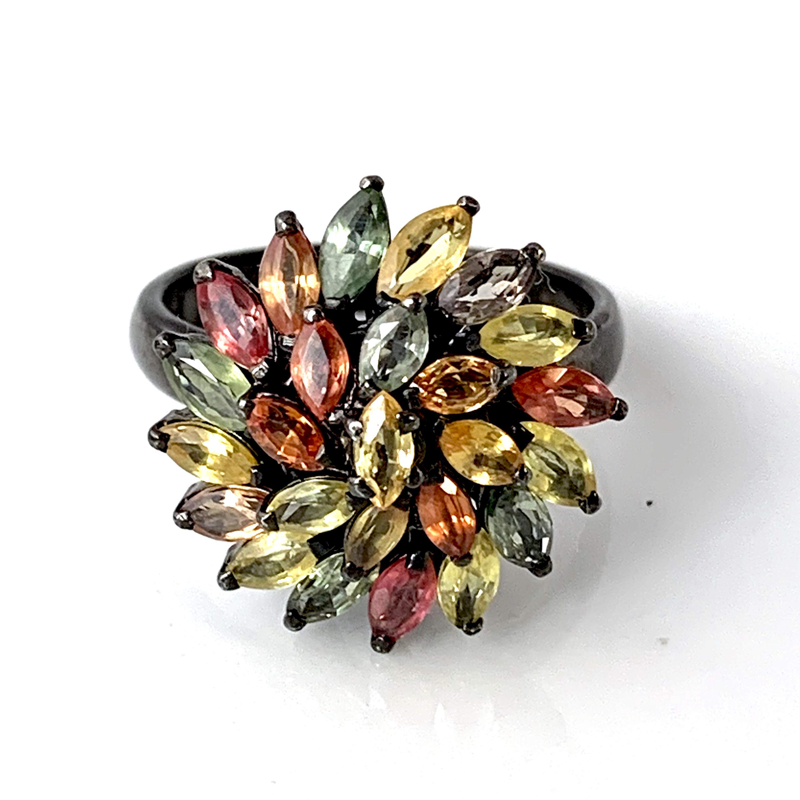Natural Songea Sapphire Chrysanthemum Flower Ring - 9.25 Size, 14k Black Rhodium Coated 925 Sterling Silver - September Birthstone Jewelry Gift for Women - Perfect for Weddings, Anniversaries & Special Occasions