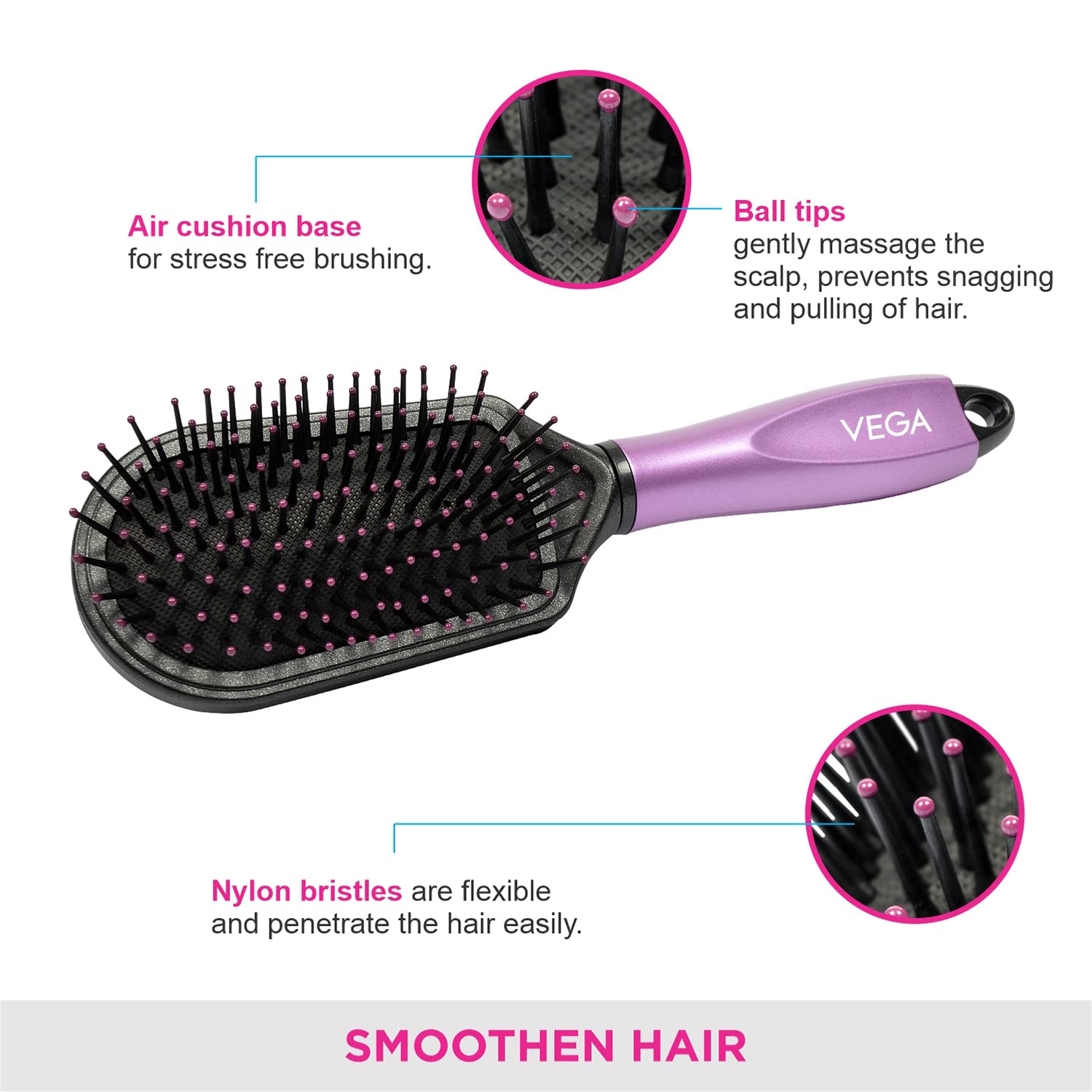 Vega Cushioned Hair Brush with Cleaning Comb - India's No.1 Hair Brush for Men & Women (E18-CB) - Detangling, Styling & Scalp Massage for All Hair Types