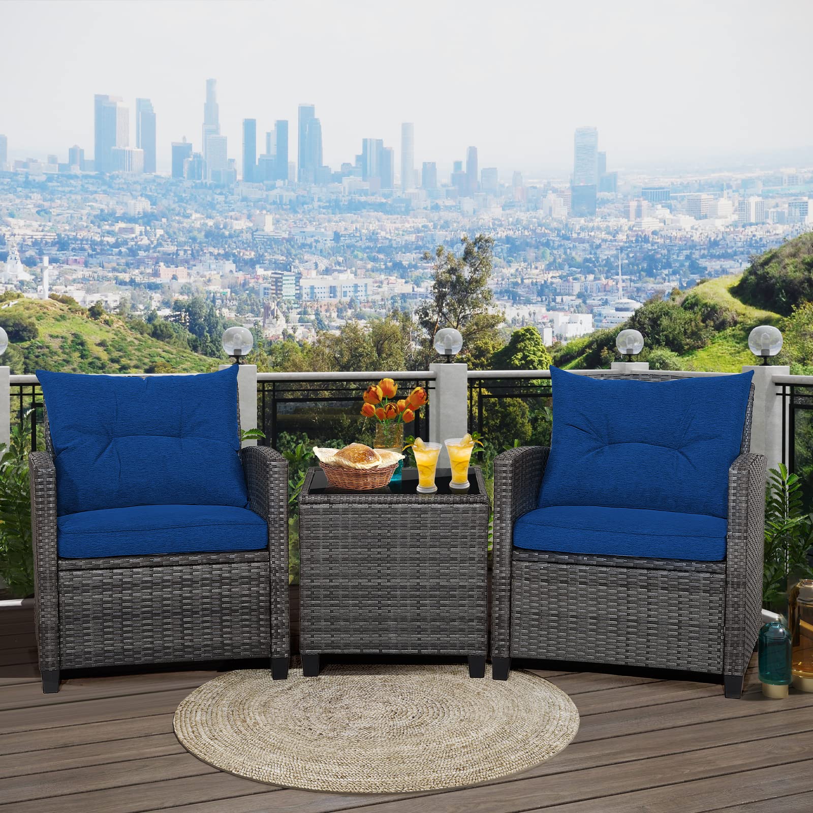 RELAX4LIFE 3-Piece Wicker Patio Furniture Set - Outdoor Rattan Sofa Conversation Set with Tempered Glass Table & Heavy-Duty Steel Frame - Navy Blue Wicker Chair Set for Poolside, Backyard, Garden, Patio & Outdoor Relaxation