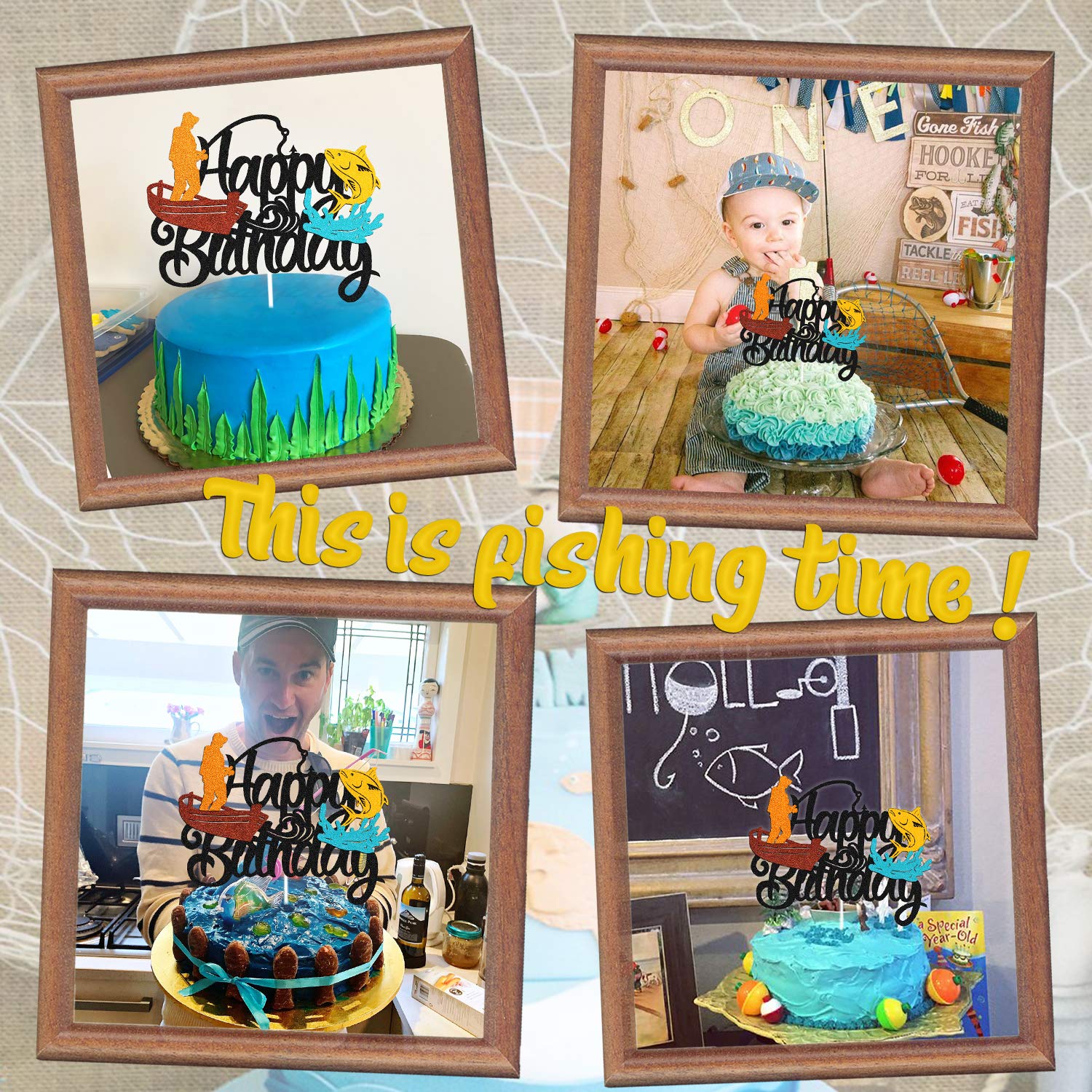 Double Sided Fish Cake Topper - Fishing Pole, Bait & Boat Themed Birthday Decoration for Kids | Perfect for Fishermen, Angler & Fishing Party Supplies | Ideal for Boys, Girls & Children's Birthday Cakes