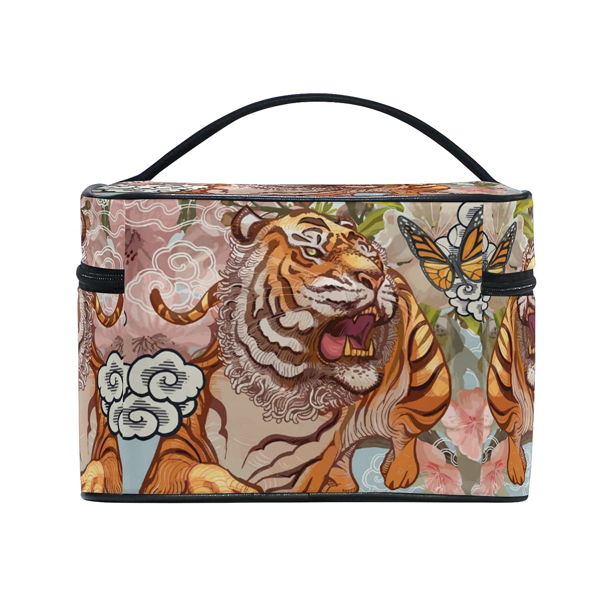 Tiger Jungle Floral Print Cosmetic Bag - Waterproof Makeup Organizer with Zipper for Women & Girls | Perfect for Travel, Gym, and Daily Essentials Storage