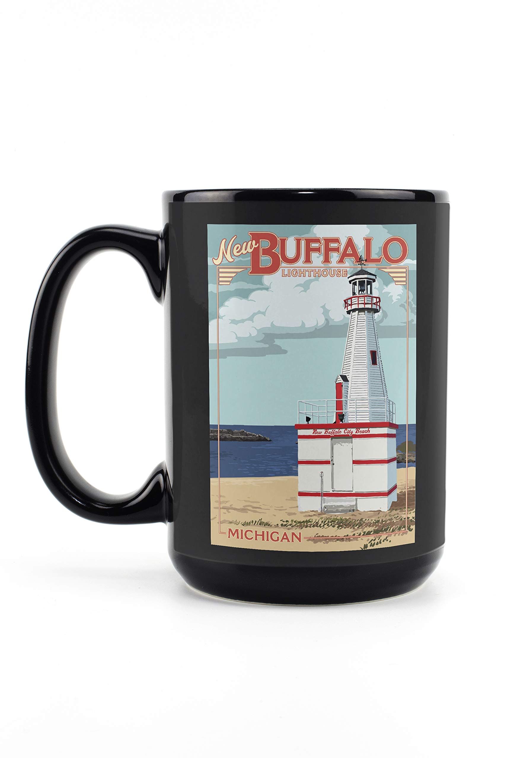 Lantern Press New Buffalo Lighthouse 15oz Black Ceramic Coffee Mug - Microwave & Dishwasher Safe - Perfect for Home, Office & Travel
