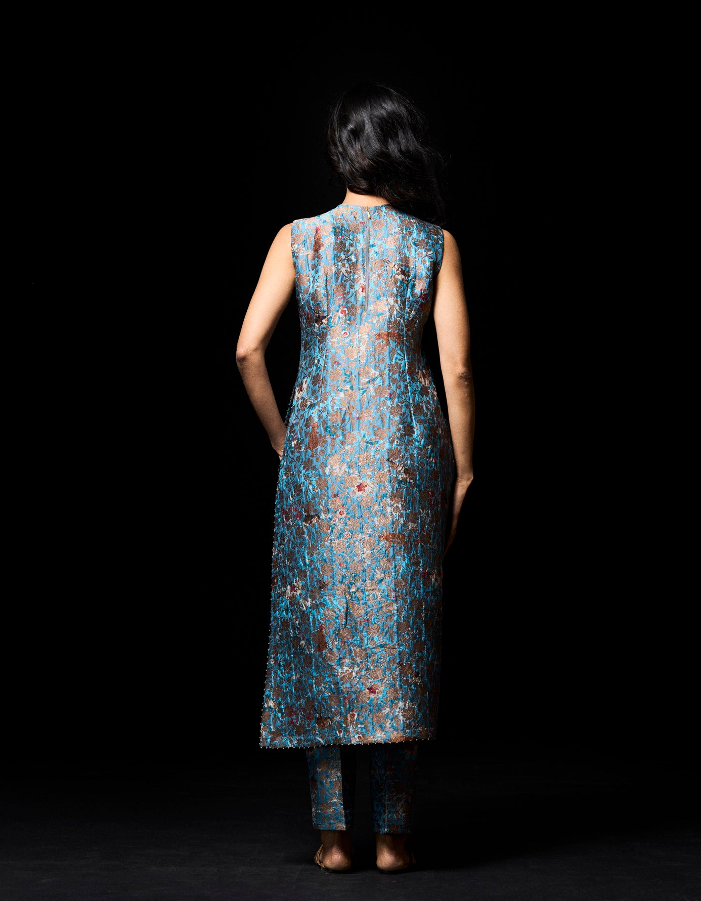 Blue Silk Brocade Zipper Kurta for Women - Elegant Indian Ethnic Wear for Festivals, Weddings & Special Occasions