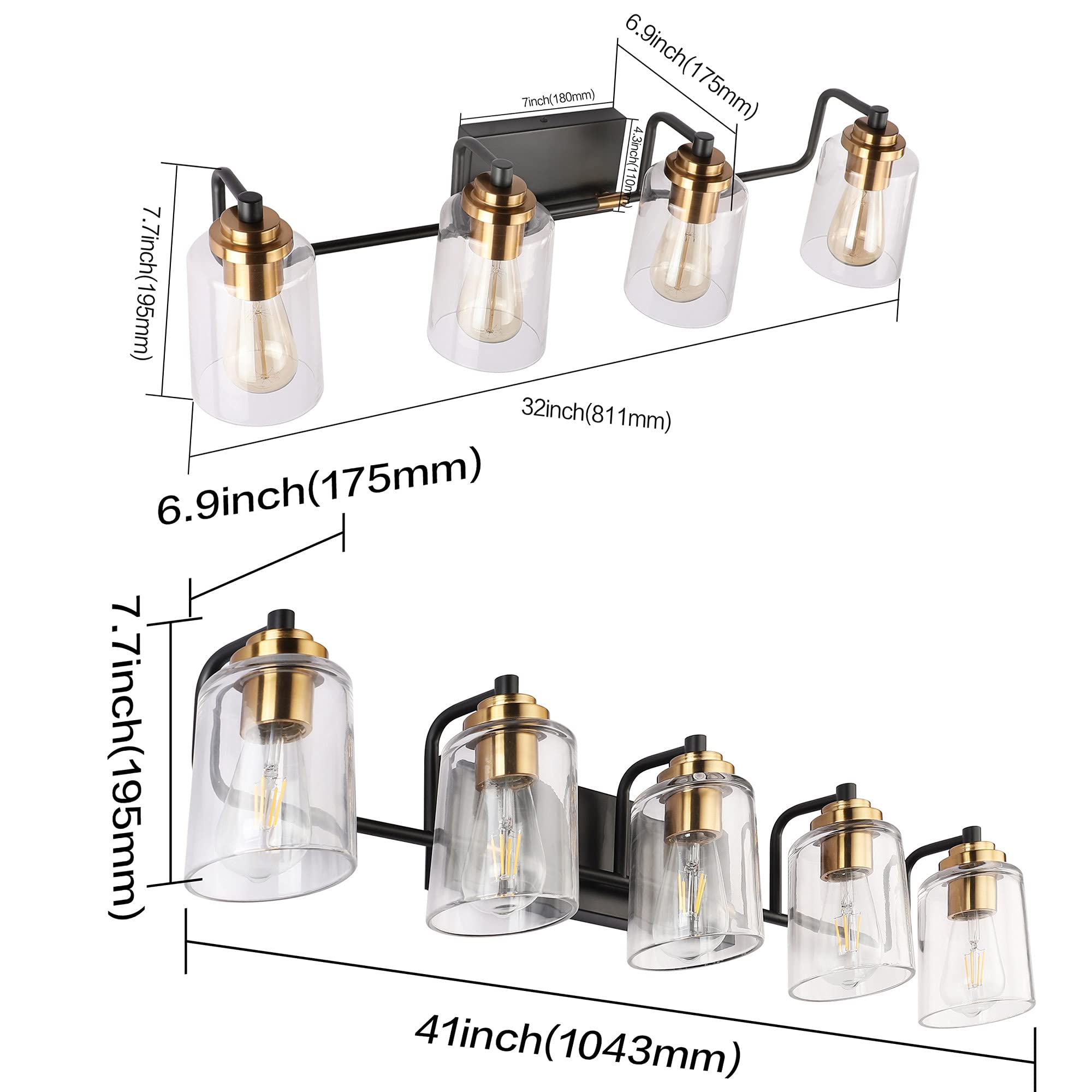 Vintage Black and Brass Bathroom Vanity Light Fixture Set - 7600-5 & 7600-4 Lights (Bulbs Not Included) | Perfect for Bathroom, Powder Room & Dressing Area Lighting