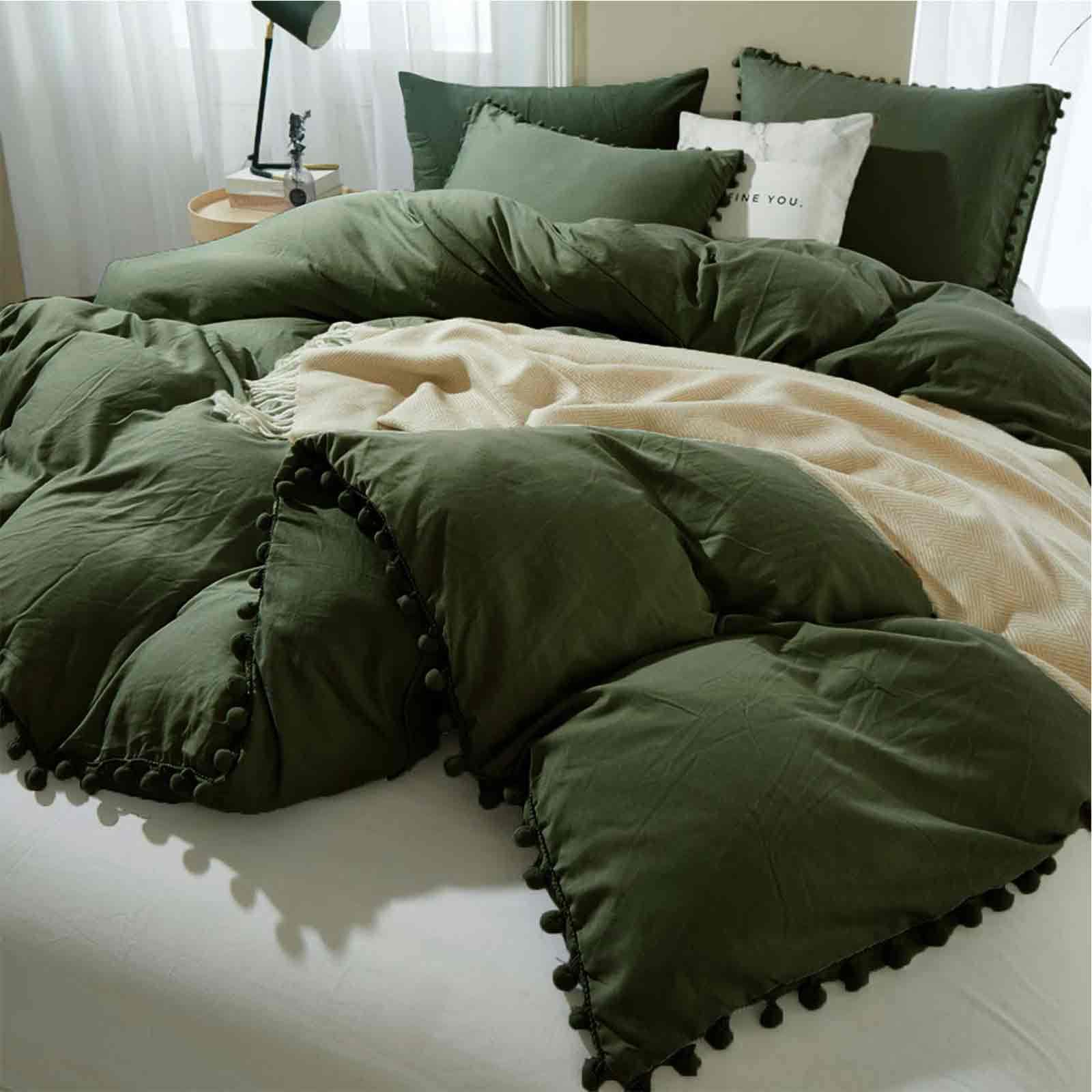 ETDIFFE Dark Olive Green Twin Size Duvet Cover Set - 2 Piece Boho Pom Fringe Microfiber Comforter Cover | Soft & Lightweight Bohemian Farmhouse Bedding for Teens | Perfect for Dorm Rooms, Guest Bedrooms & Bohemian Home Decor