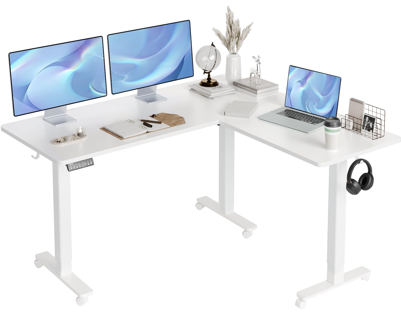 Claiks L-Shaped Adjustable Height Electric Standing Desk - Dual Motor Corner Sit Stand Desk, 63x55 Inches with Splice Board, White - Perfect for Home Office, Gaming & Workspace Ergonomics