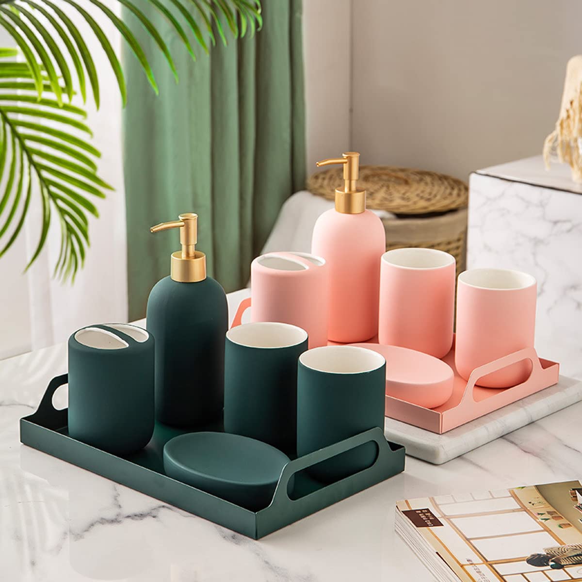 Shisipq 5-Piece Ceramic Bathroom Accessories Set - Soap Dish, Toothbrush Holder, 2 Toothbrush Cups & Lotion Bottle | Modern Bathroom Countertop Organizer for Home Decor & Housewarming Gifts