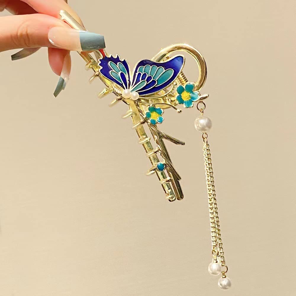 Butterfly Hair Clips for Women - Non-Slip Strong Metal Hair Claw Clips with Sparkly Butterfly Design - Cute Big Hair Accessories for Ponytails, Buns & Updos - Perfect Headwear Gift (Queen Blue)