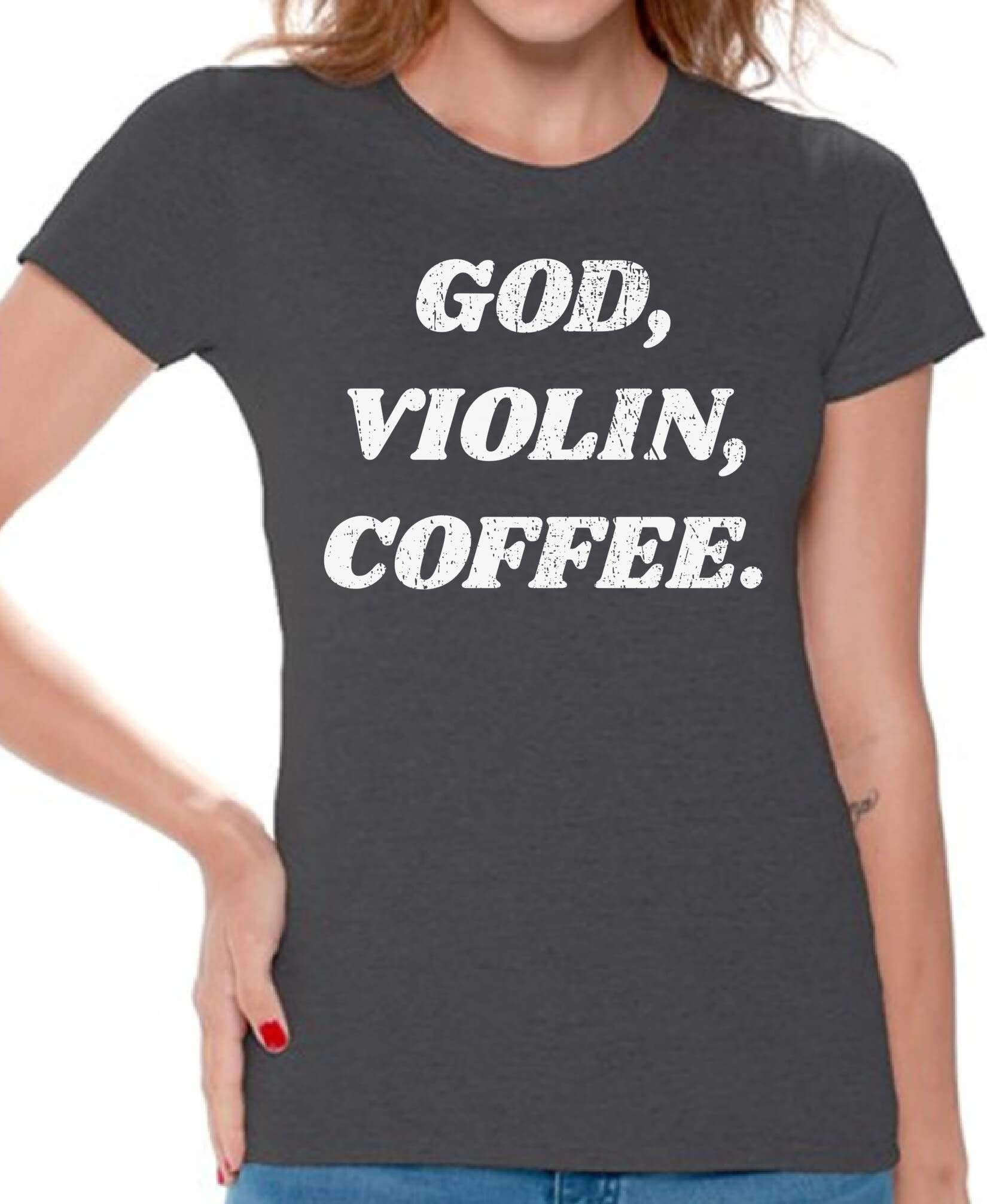 God Violin Coffee T-Shirt for Women - Christian Gift & Music Lover Apparel - Perfect for Church, Concerts & Coffee Dates