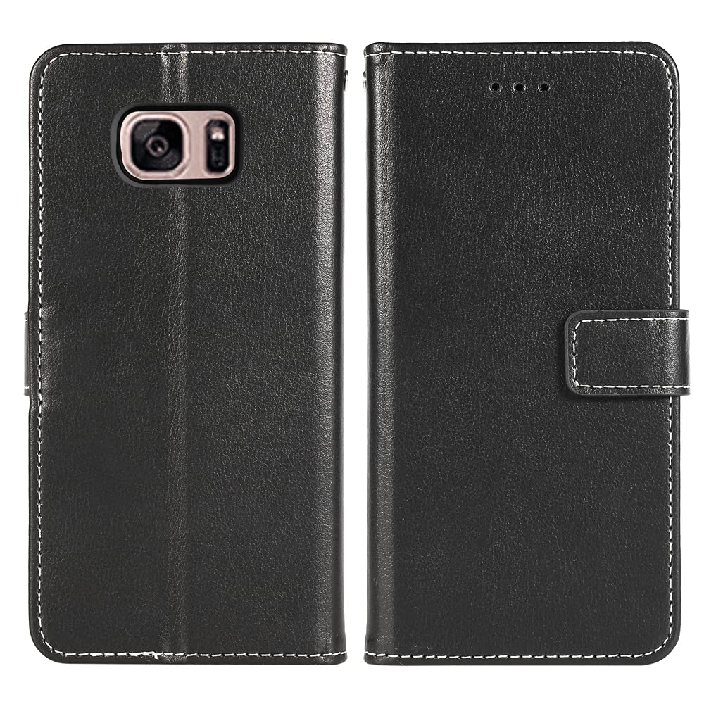 Samsung Galaxy S7 Wallet Case with Wrist Strap & Card Holder - Leather Flip Cover Stand Case for Galaxy S7/S7 Edge (SM-G930V/G930A) - Perfect for Work, Travel & Everyday Use (Black)