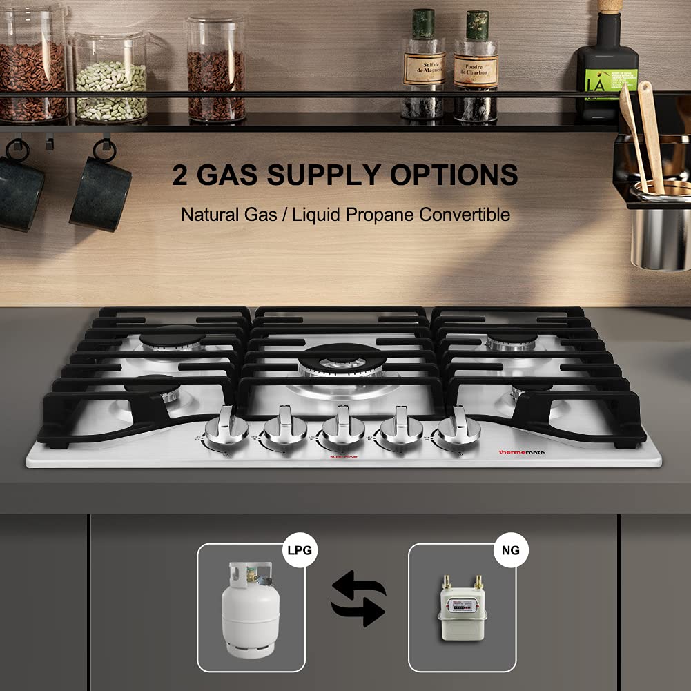 30 Inch Built-In Gas Cooktop - 5 High Efficiency SABAF Burners with Flame Out Protection | 304 Stainless Steel Gas Stove | NG/LPG Convertible | CSA Certified | Perfect for Modern Kitchens & Professional Cooking