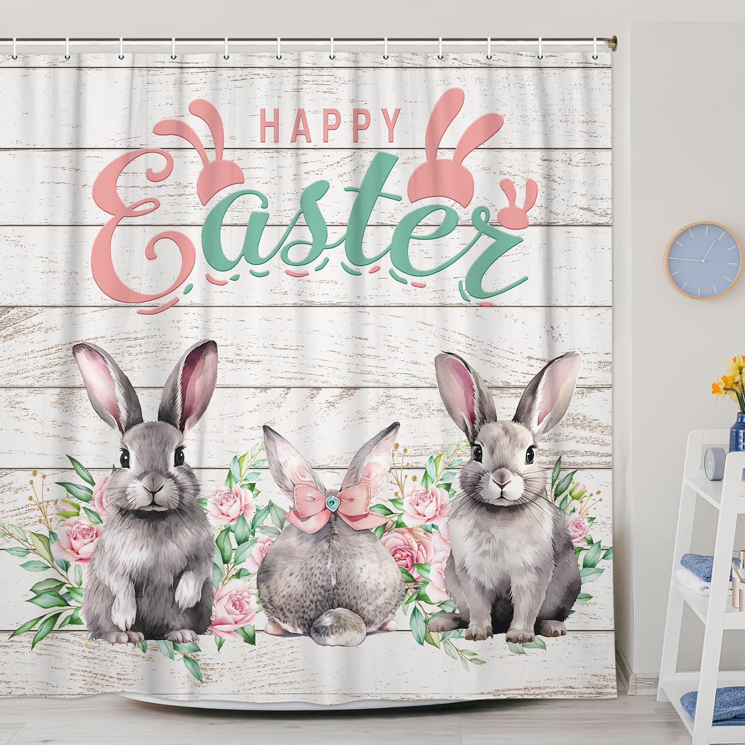 JAWO Easter Rabbit Shower Curtain - Funny Gray Bunny Design on Rustic Wooden Background, Farmhouse Spring Holiday Bathroom Decor with Hooks, 69x70 Inches - Perfect for Easter Decorations, Farmhouse Bathroom Themes, and Seasonal Home Refresh
