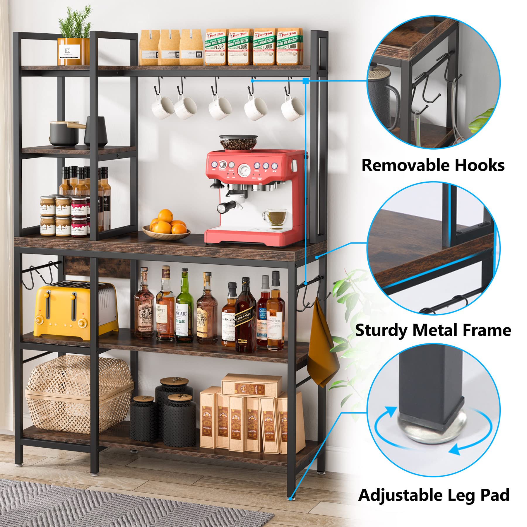 Tribesigns 5-Tier Kitchen Baker's Rack with Microwave Stand, 10 Hooks & Hutch - Space-Saving Storage Shelf for Coffee Bar, Countertop Organization & Small Kitchen Workstation - Perfect for Apartments, Dorms & Compact Kitchens