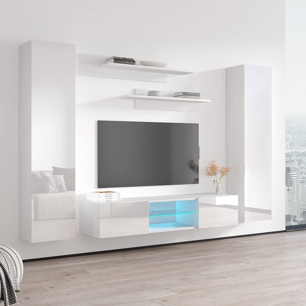 Modern White Wall-Mounted TV Stand with Storage Shelves & LED Lights - Floating Entertainment Center Console for Living Room & Bedroom - Perfect for Small Spaces & Home Theater Setup - Meble Furniture Fly AB1 33TV Stand