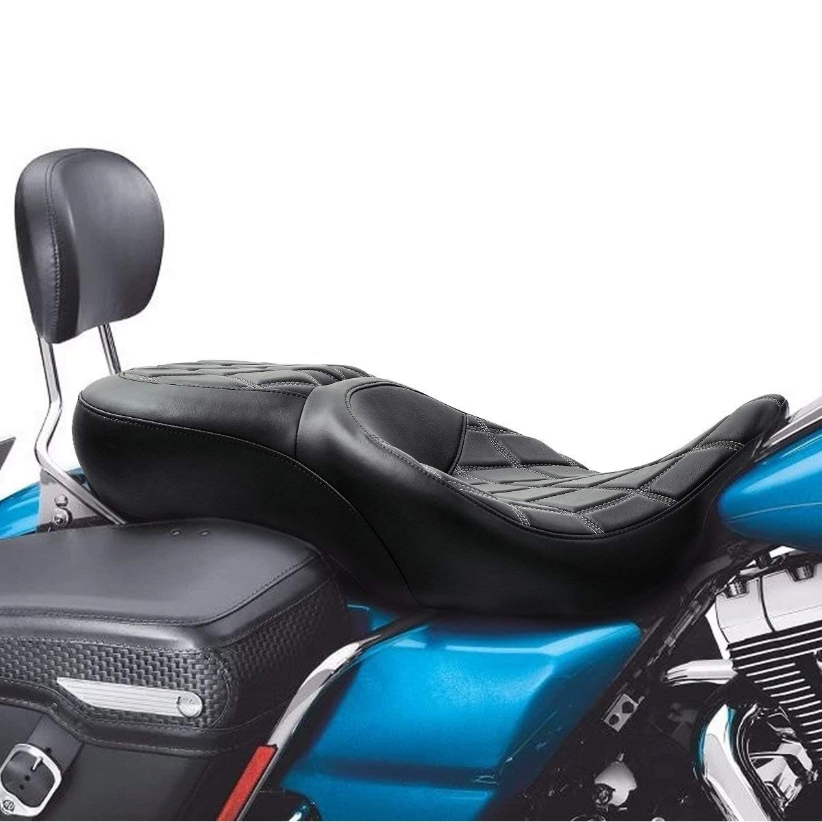 C.C. RIDER Driver Leather Passenger Seat - Fat Diamond 2-Up One-Piece for Harley Touring Road King Street Glide Road Glide Electra Glide 2009-2023 | Comfortable & Durable Motorcycle Seat for Long Rides & Two-Up Touring