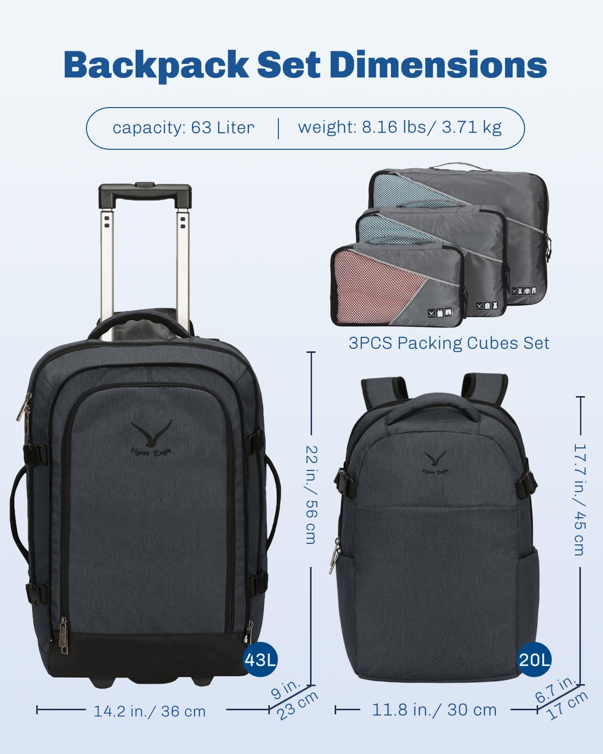 Hynes Eagle 22 Inch Rolling Backpack - 2 in 1 Wheeled Carry On Luggage for Air Travel, 63L Spacious Travel Backpack for Women & Men | Perfect for Business Trips, Weekend Getaways & International Vacations