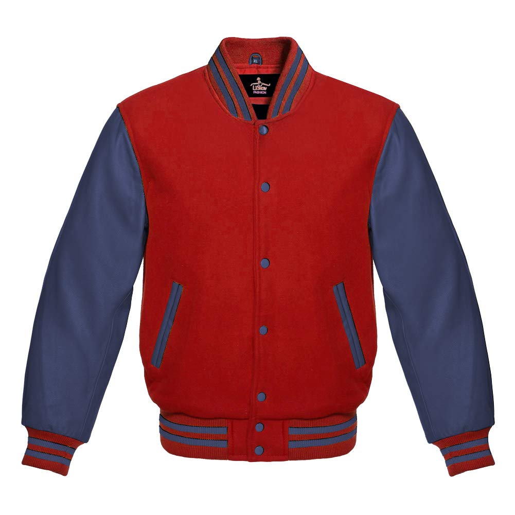 Varsity Jacket for Men - Baseball Letterman Bomber with Red Wool Body & Genuine Navy Blue Leather Sleeves | High School & College Style | Perfect for Sports Events, Casual Wear & Street Fashion