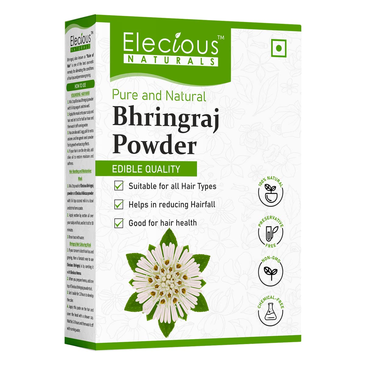 Elecious Pure Bhringraj Powder for Hair Growth & Consumption - 200g | 100% Natural, Preservative-Free | Ideal for Hair Masks, Oils & Dietary Supplement | Promotes Healthy Hair & Scalp