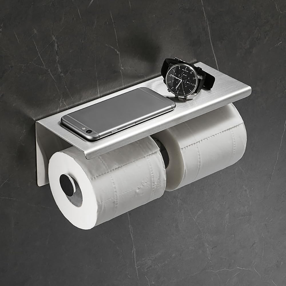 Double Toilet Paper Holder with Phone Shelf - Stainless Steel Wall Mounted Tissue Dispenser - Dual Roll Bathroom Organizer - SUS304 Commercial Grade - Perfect for Home, Office & Public Restrooms (Silver)