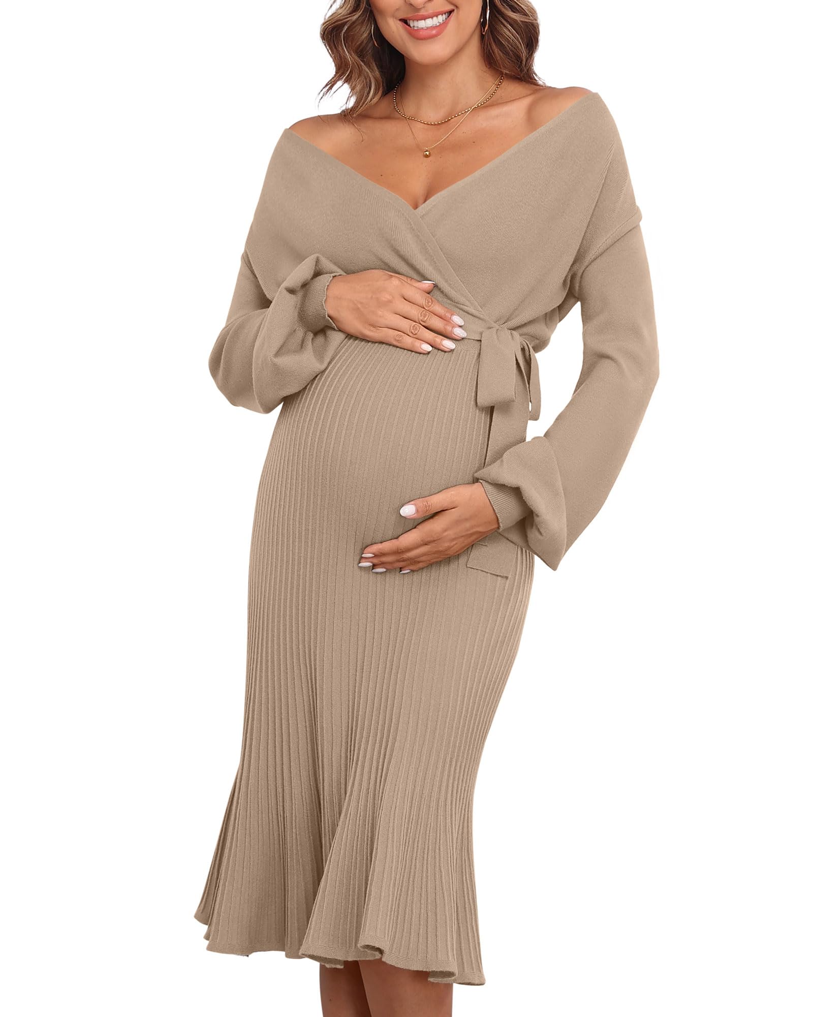 V FOR CITY Women's Maternity Sweater Dress - Spring Wrap V-Neck Pleated A-Line Dress with Adjustable Belt for Pregnancy Photoshoot & Baby Shower | Comfortable Nursing Dress for Expecting Moms (Office Wear, Maternity Photos, Baby Shower Events)
