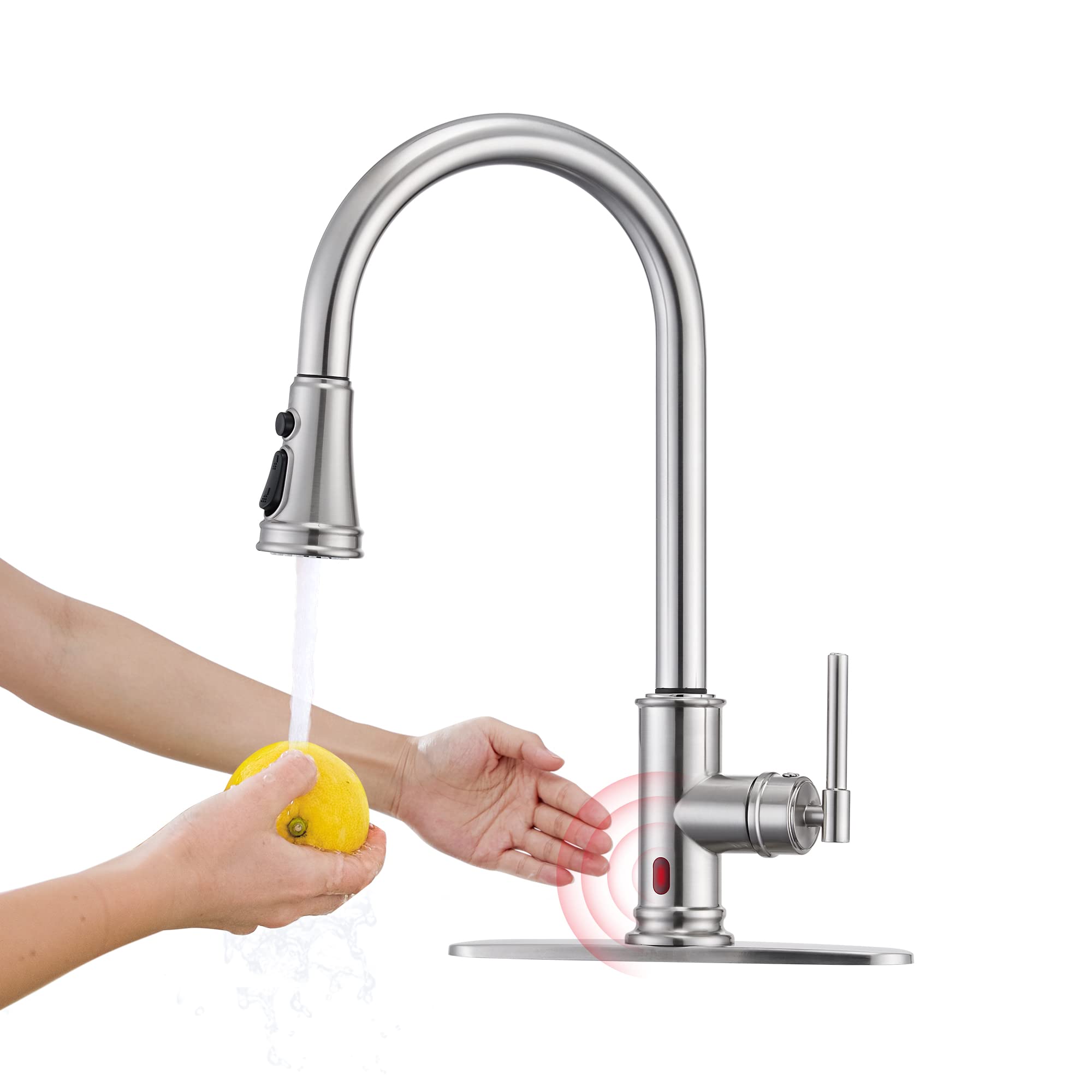 ARRISEA Touchless Kitchen Faucet with Pull Down Sprayer - Infrared Motion Sensor Smart Faucet, Single Handle Stainless Steel Sink Faucet with Deck Plate for 3 Hole Countertops - Perfect for Modern Kitchens, Restaurants & ADA Compliant Spaces
