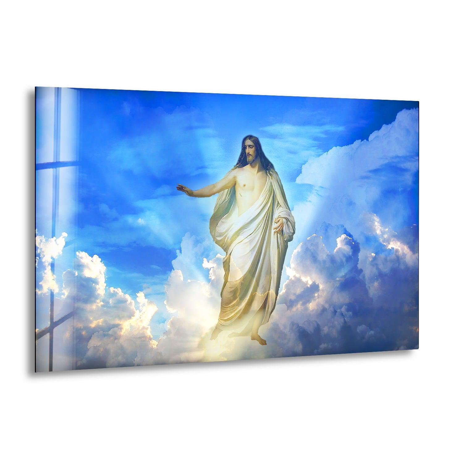 Blue Christian Jesus Cross Glass Wall Art - Handmade Religious Home Decor for Church, Bedroom & Office - Perfect Gift for Faithful Believers