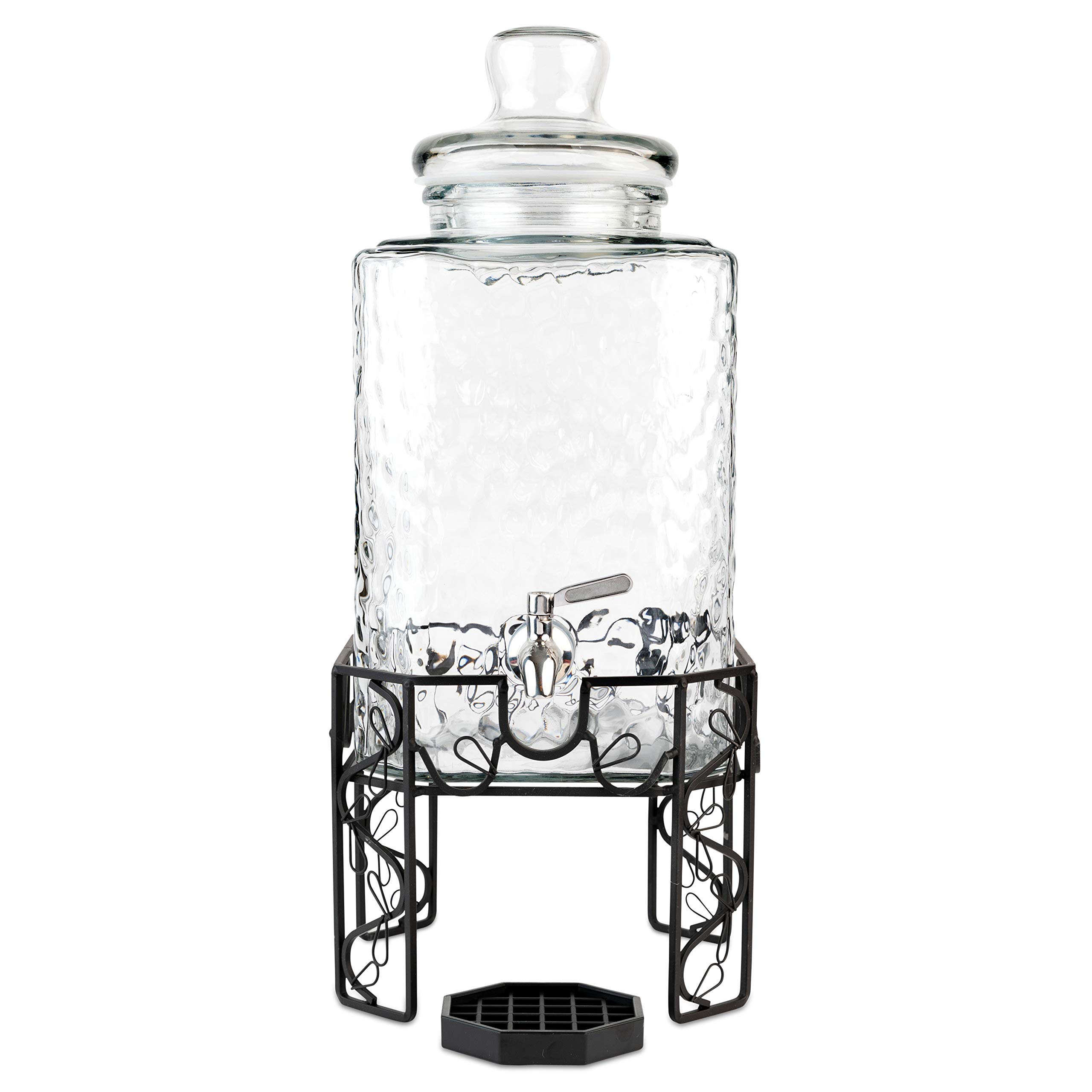 2.5 Gallon Glass Beverage Dispenser with Stainless Steel Spigot, Metal Stand & Drip Tray - Mason Jar Style Drink Dispenser for Parties, Weddings, BBQs - Perfect for Iced Tea, Lemonade, Water & Punch - Great for Outdoor Events, Catering & Home Entertaining