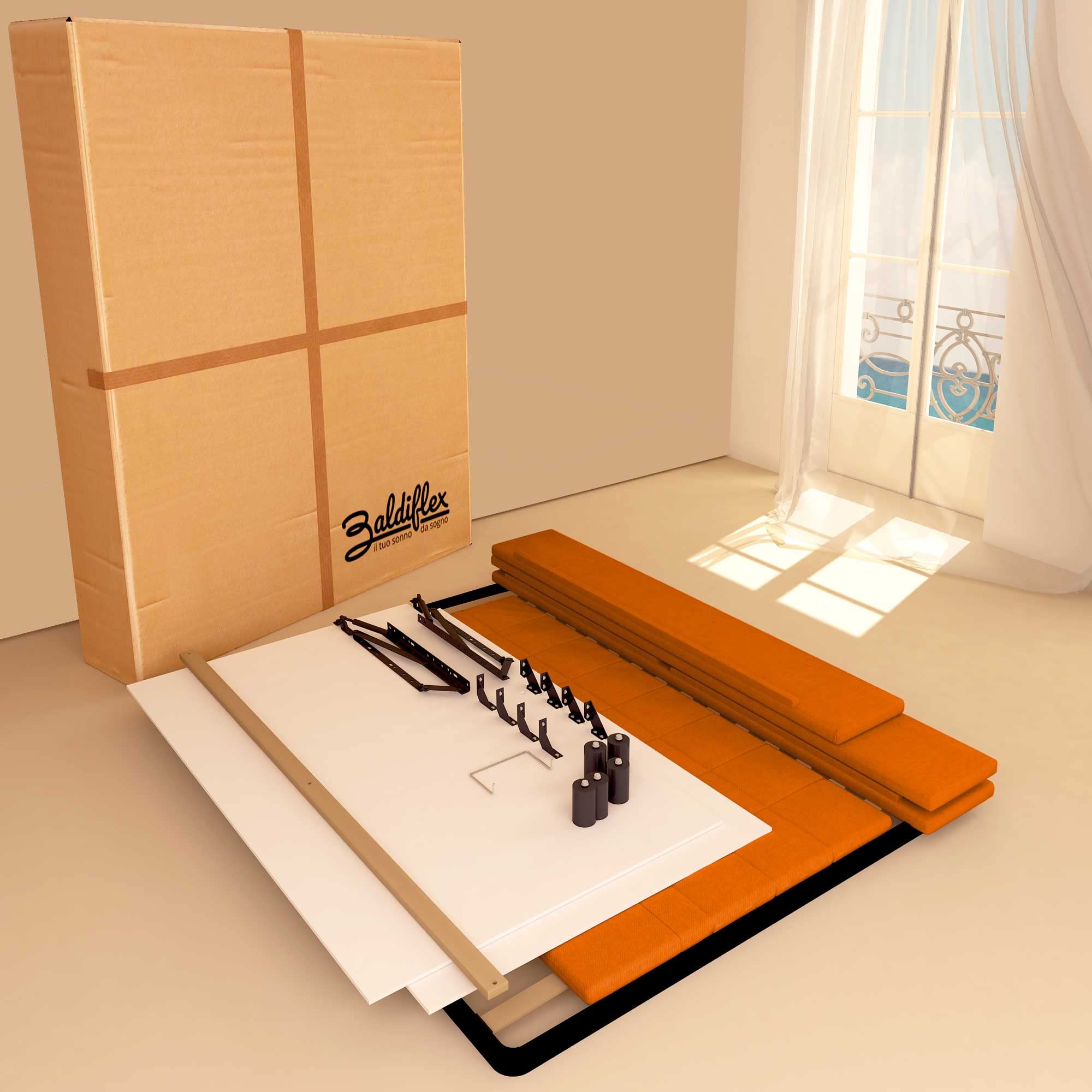 Baldiflex Single Bed with Storage - Synthetic Leather Dublin Model, Slatted Base for Single Mattress, 120 x 190 cm, Elegant Headboard in Orange - Perfect for Small Bedrooms, Guest Rooms & Studio Apartments