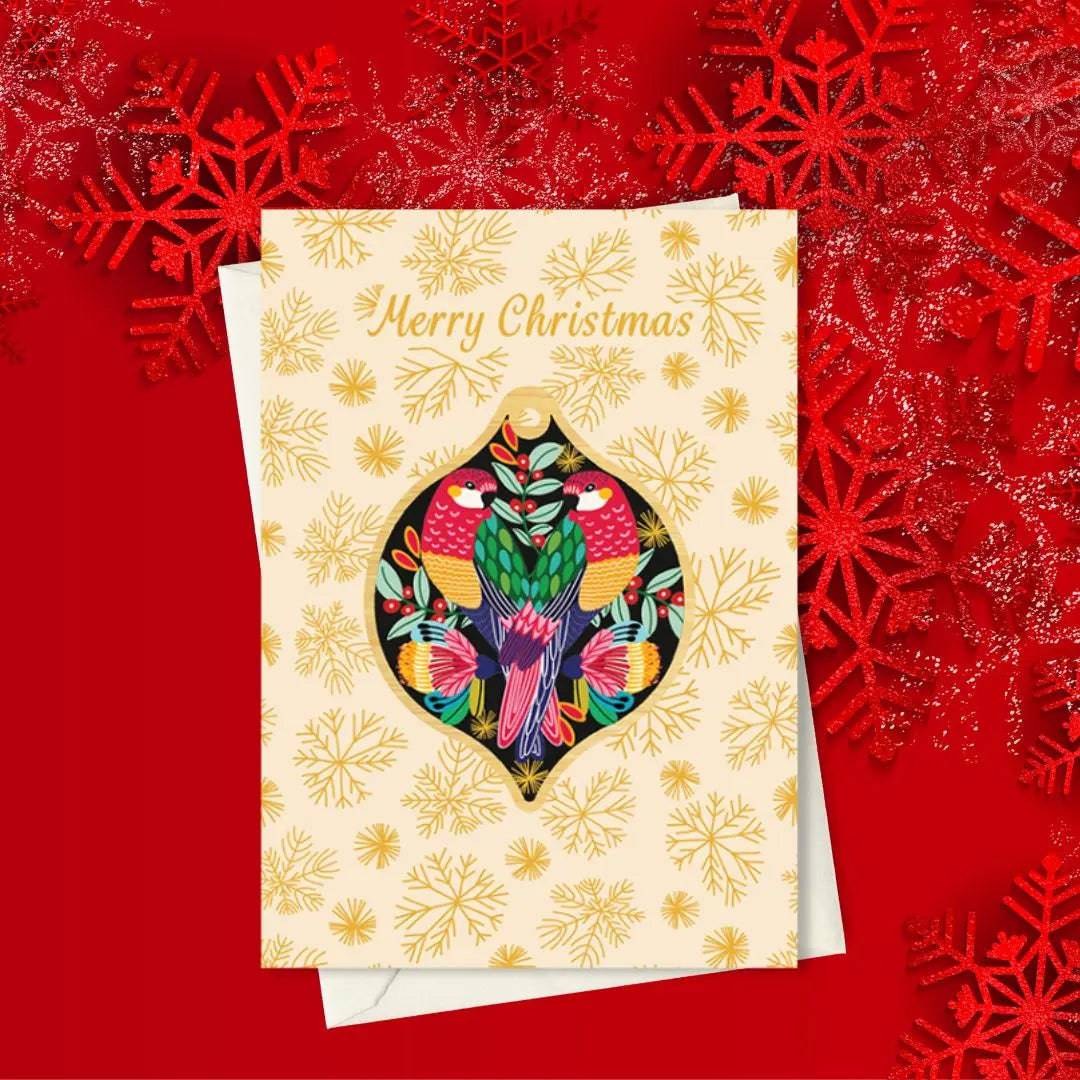 Rosella Birds Christmas Card & Wooden Ornament - Festive Holiday Greeting Card with Handcrafted Wooden Bauble for Christmas Tree Decorations & Gift Giving